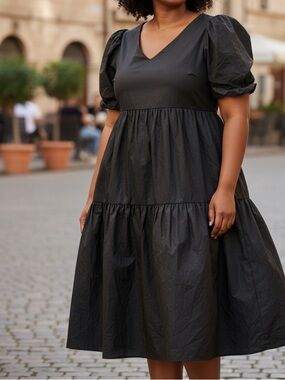 Ashley Stewart Melloday Black V-Neck Puff Sleeve Tiered Midi Dress